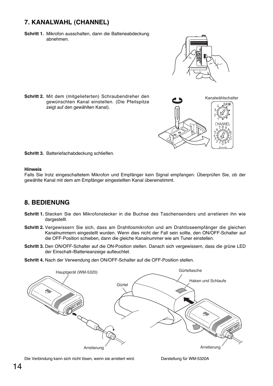 Bedienung, Kanalwahl (channel) | Toa WM-5320A User Manual | Page 14 / 44