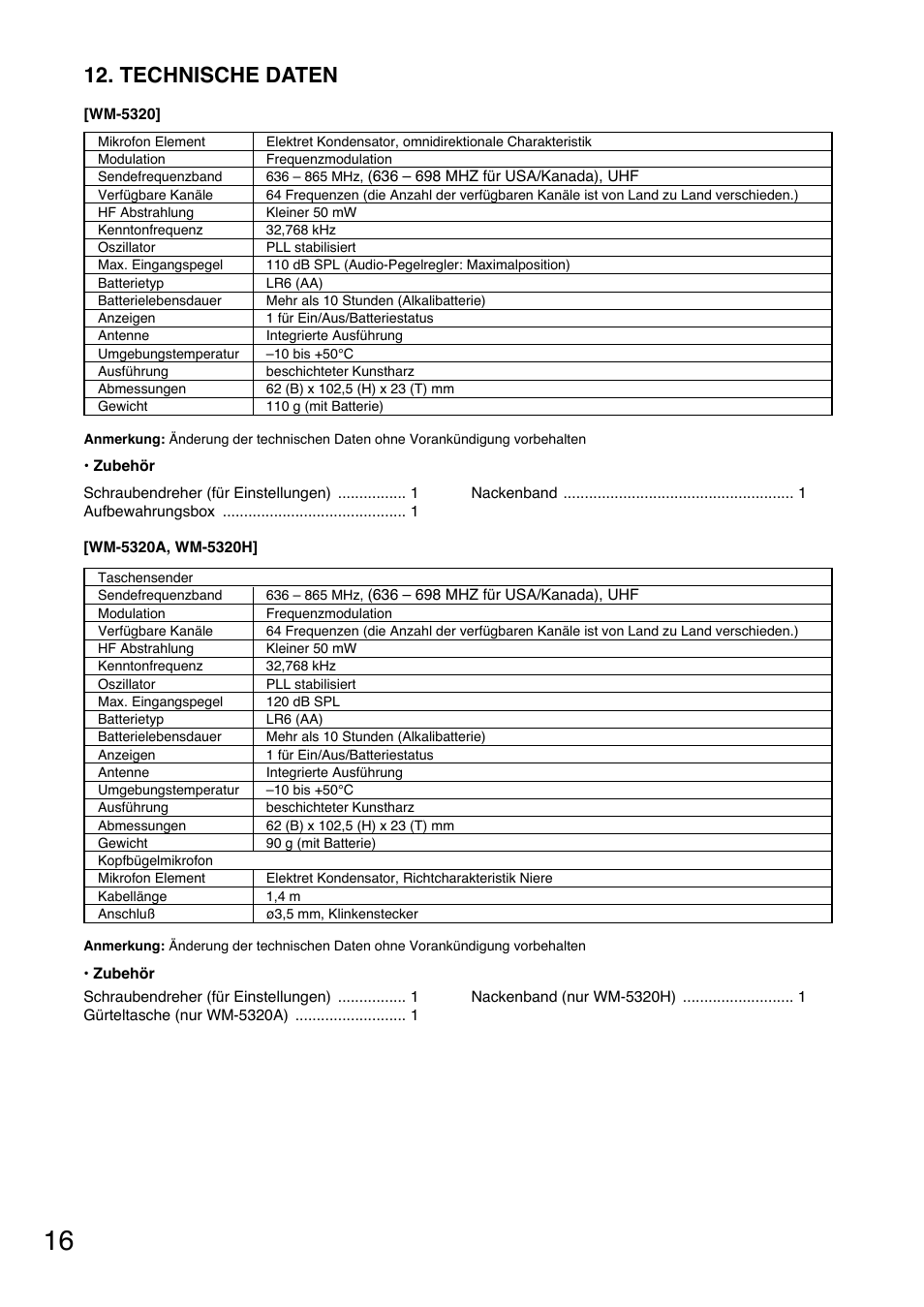 Technische daten | Toa WM-5320A User Manual | Page 16 / 44