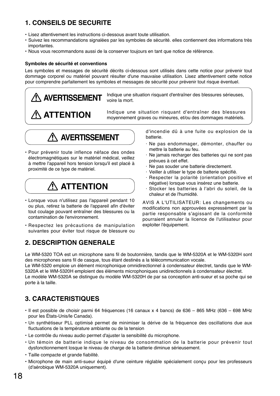 Avertissement attention, Description generale, Caracteristiques | Conseils de securite | Toa WM-5320A User Manual | Page 18 / 44