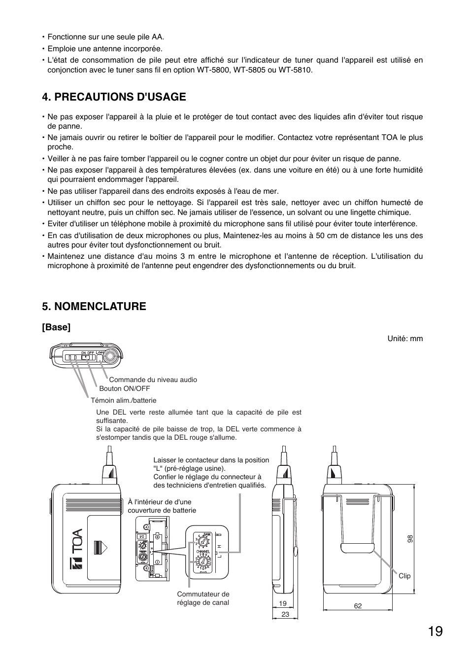 Precautions d'usage, Nomenclature | Toa WM-5320A User Manual | Page 19 / 44