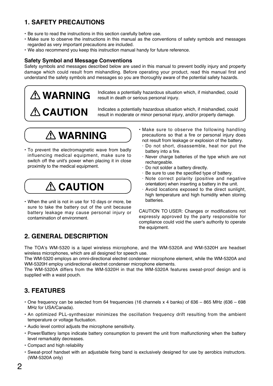 Warning caution, Safety precautions, General description | Features | Toa WM-5320A User Manual | Page 2 / 44