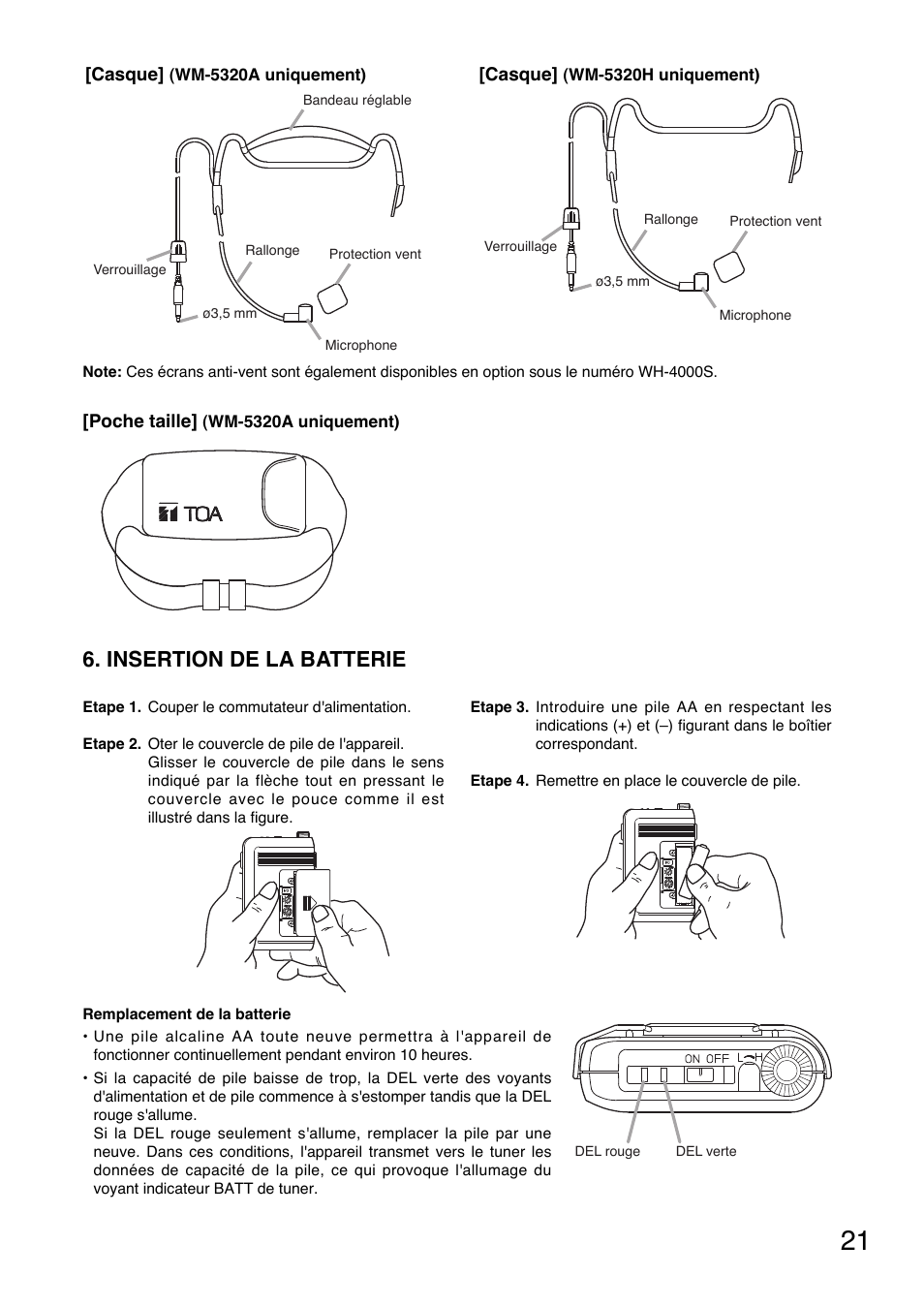 Insertion de la batterie | Toa WM-5320A User Manual | Page 21 / 44