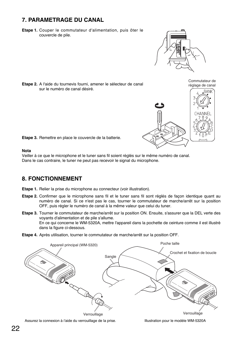 Fonctionnement, Parametrage du canal | Toa WM-5320A User Manual | Page 22 / 44