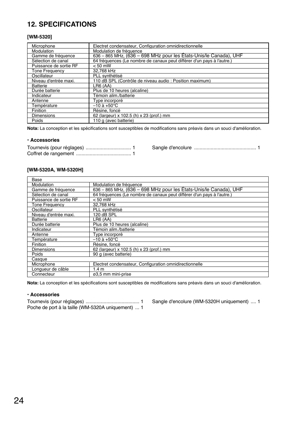 Specifications | Toa WM-5320A User Manual | Page 24 / 44