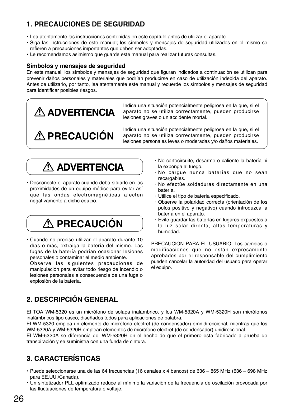 Advertencia precaución, Advertencia, Precaución | Precauciones de seguridad, Descripción general, Características | Toa WM-5320A User Manual | Page 26 / 44