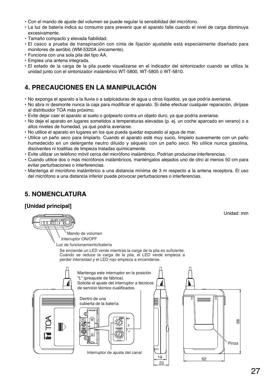 Precauciones en la manipulación, Nomenclatura | Toa WM-5320A User Manual | Page 27 / 44