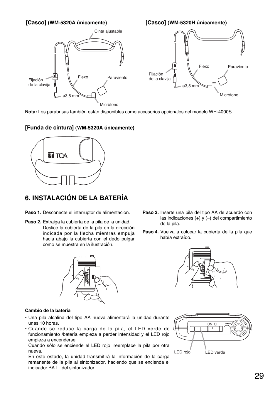 Instalación de la batería | Toa WM-5320A User Manual | Page 29 / 44