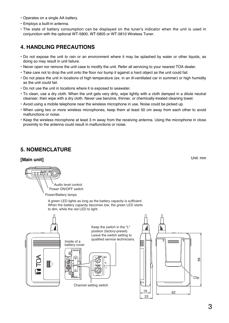Handling precautions, Nomenclature | Toa WM-5320A User Manual | Page 3 / 44