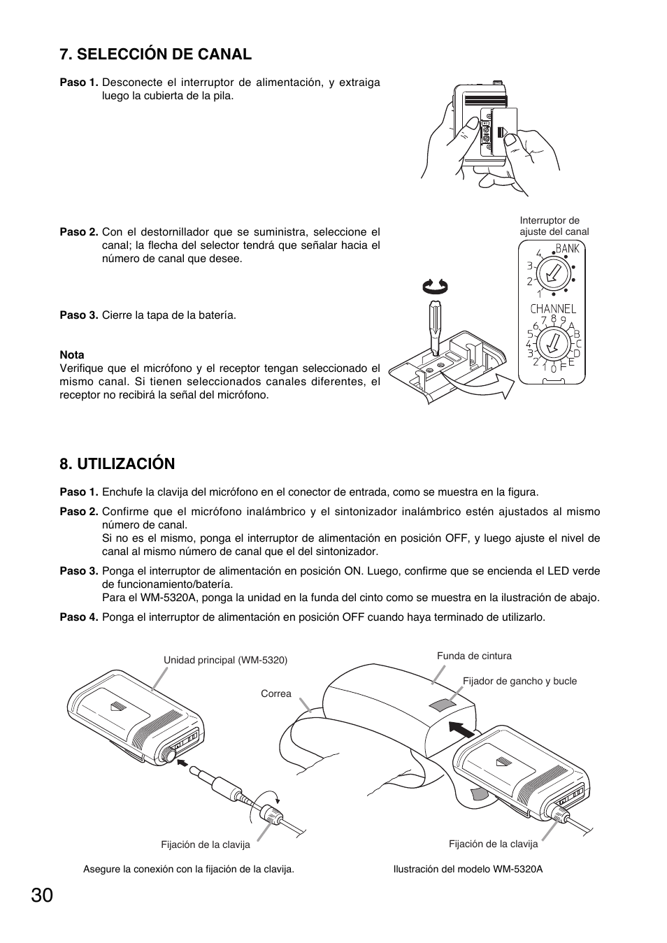 Utilización, Selección de canal | Toa WM-5320A User Manual | Page 30 / 44