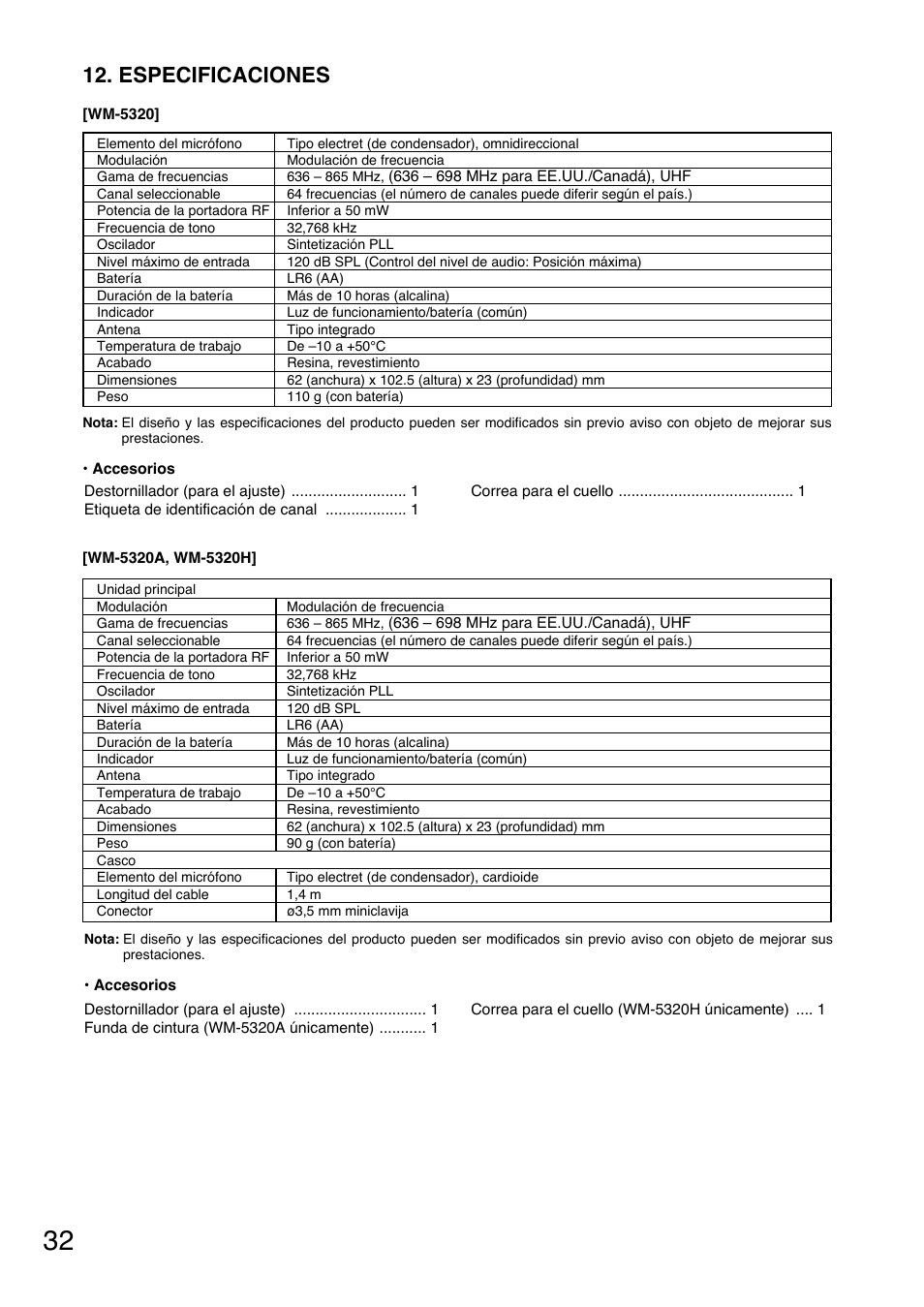 Especificaciones | Toa WM-5320A User Manual | Page 32 / 44
