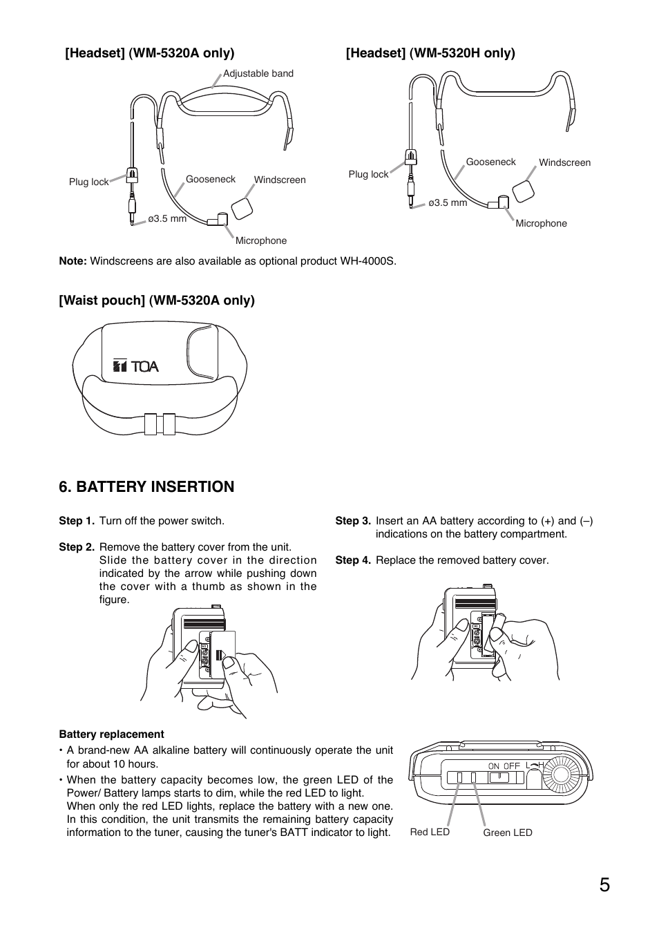 Battery insertion | Toa WM-5320A User Manual | Page 5 / 44