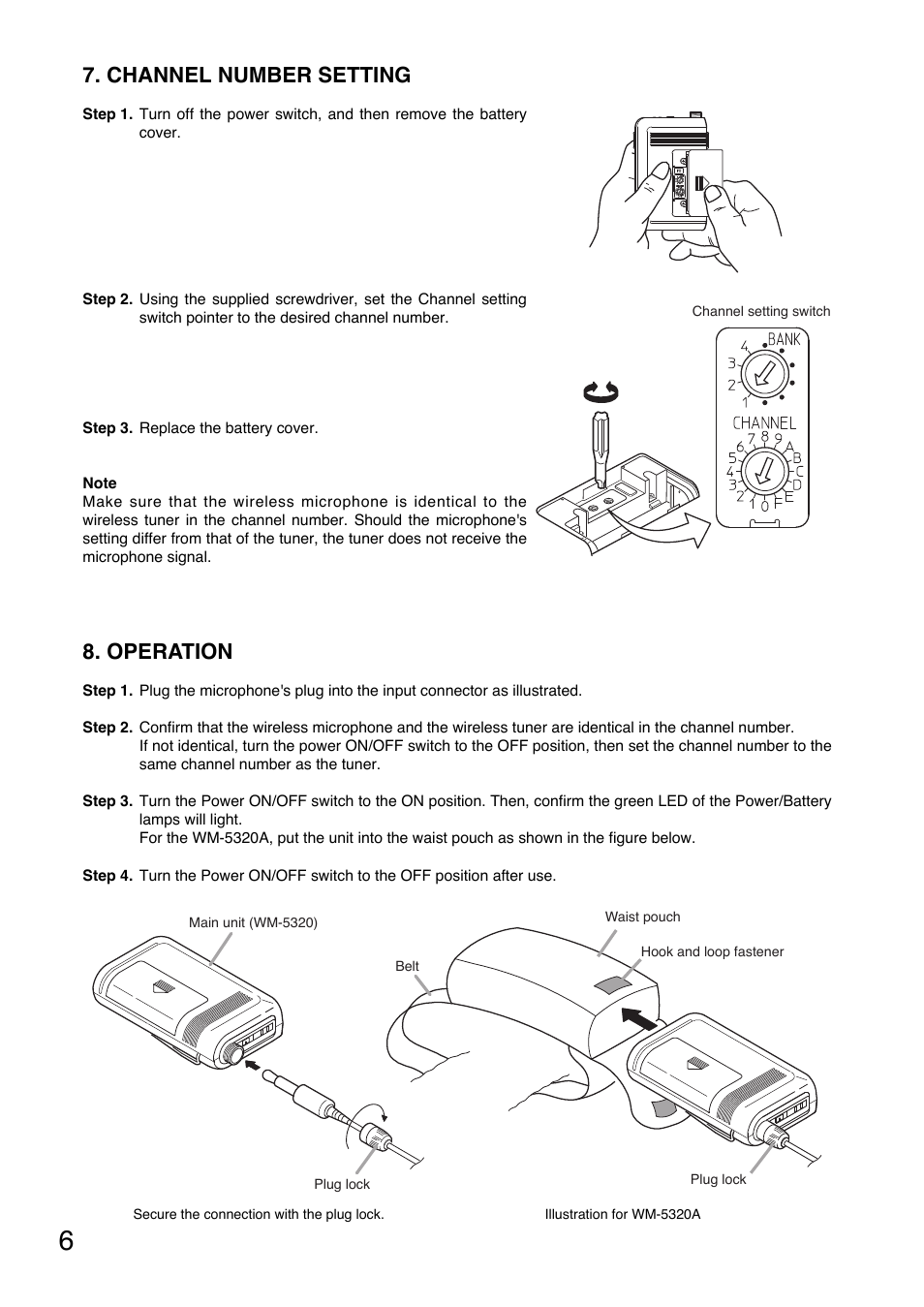 Operation, Channel number setting | Toa WM-5320A User Manual | Page 6 / 44