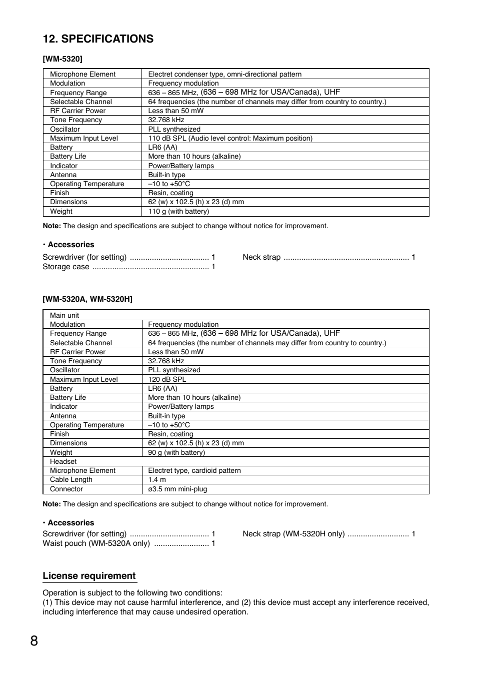 Specifications, License requirement | Toa WM-5320A User Manual | Page 8 / 44