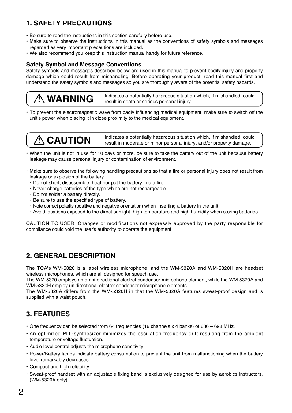 Warning, Caution, Safety precautions | General description, Features | Toa WM-5320H User Manual | Page 2 / 8