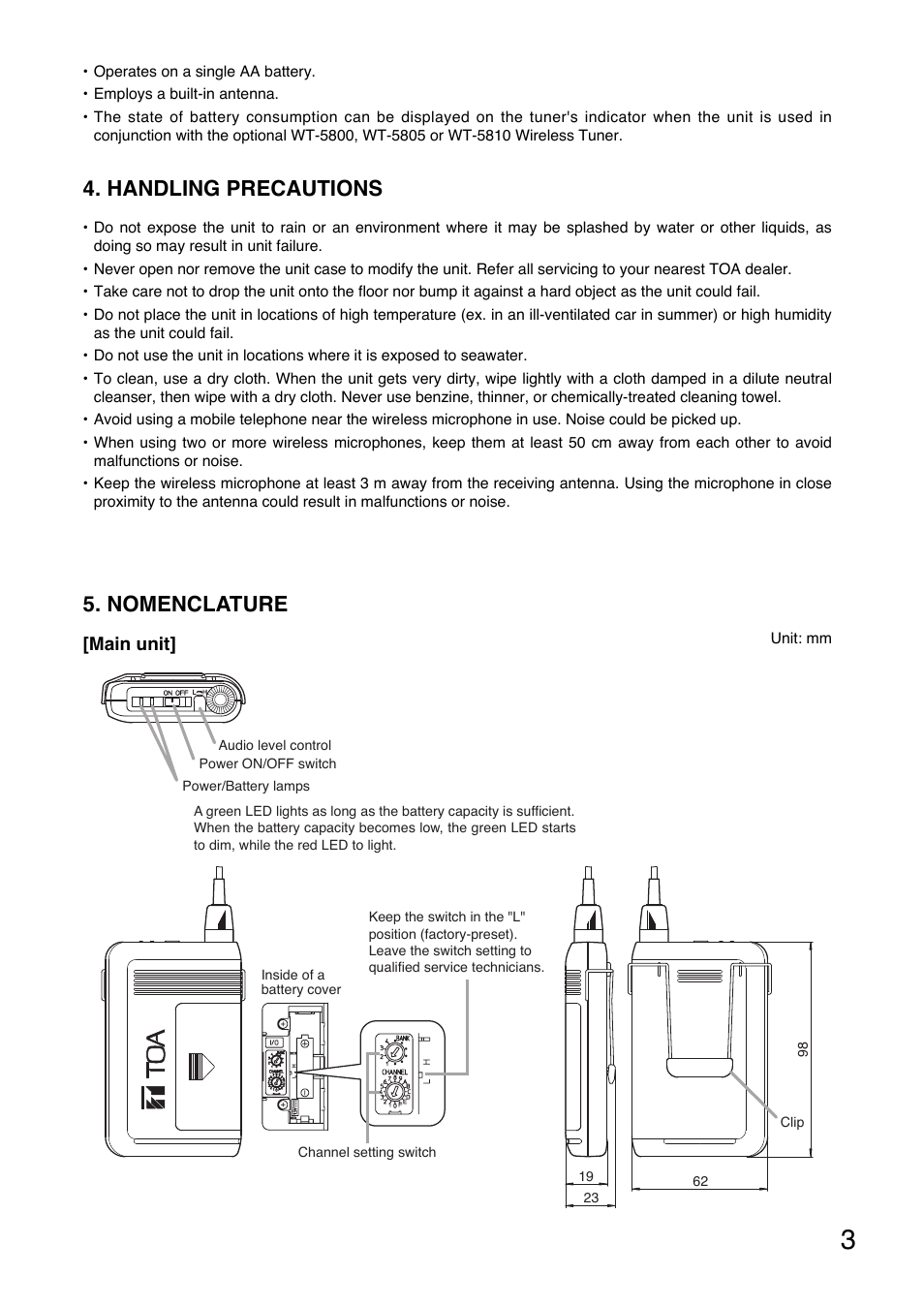 Handling precautions, Nomenclature | Toa WM-5320H User Manual | Page 3 / 8