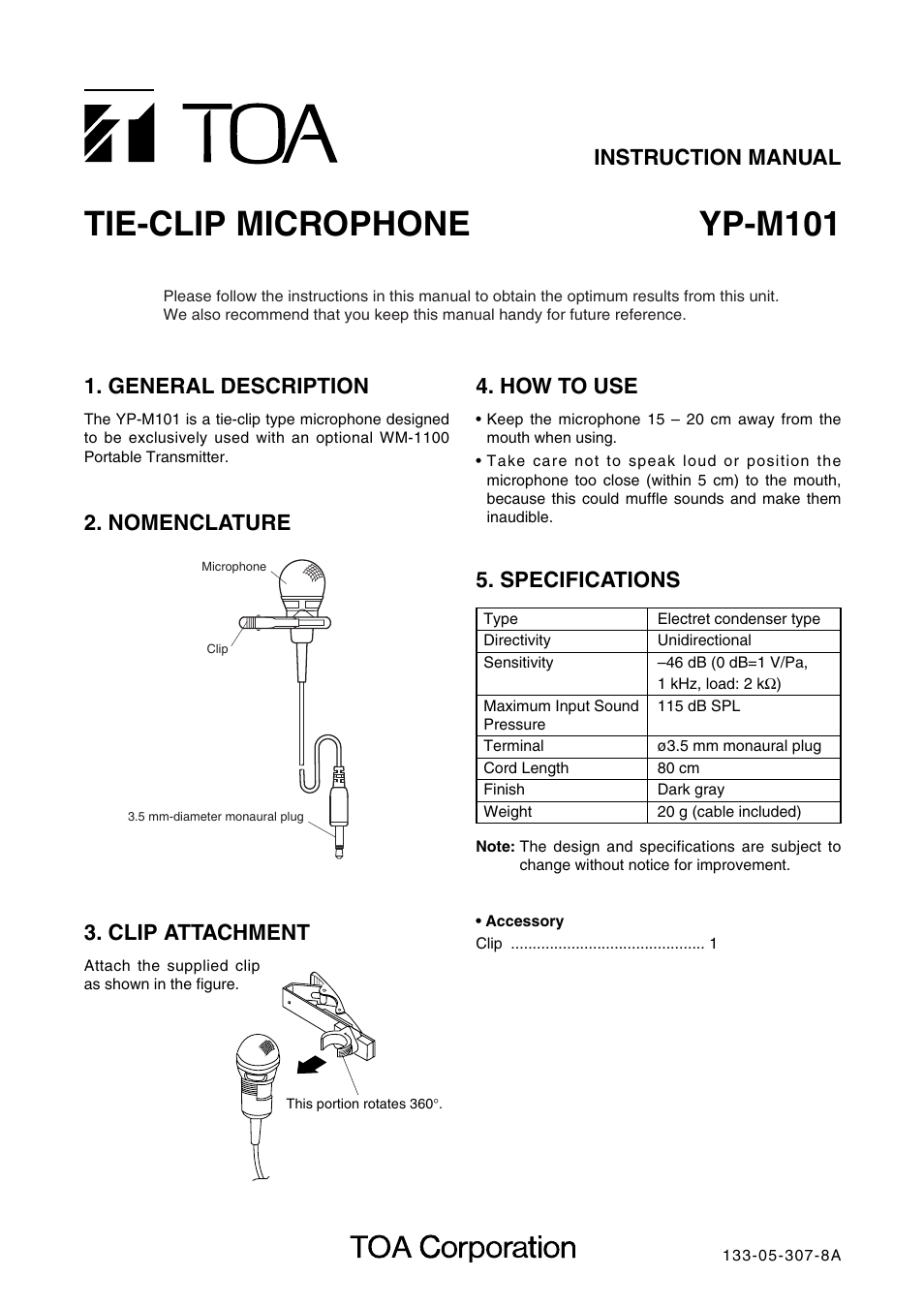 Toa YP-M101 User Manual | 1 page