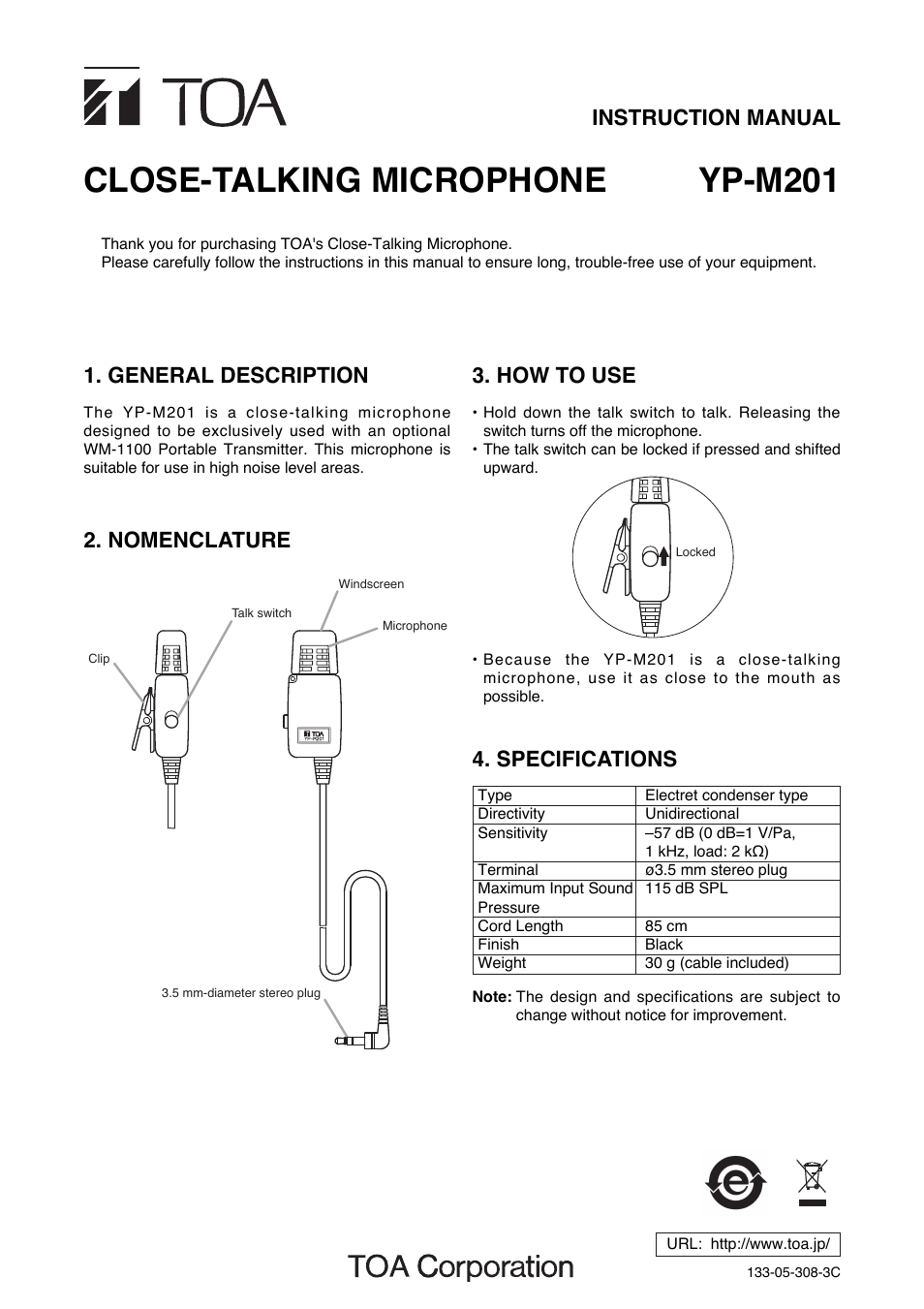 Toa YP-M201 User Manual | 1 page