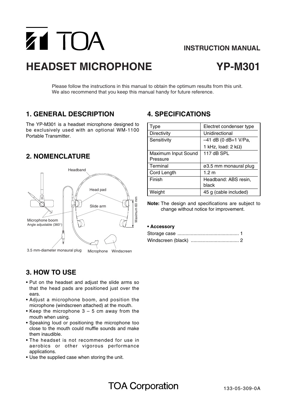 Toa YP-M301 User Manual | 1 page