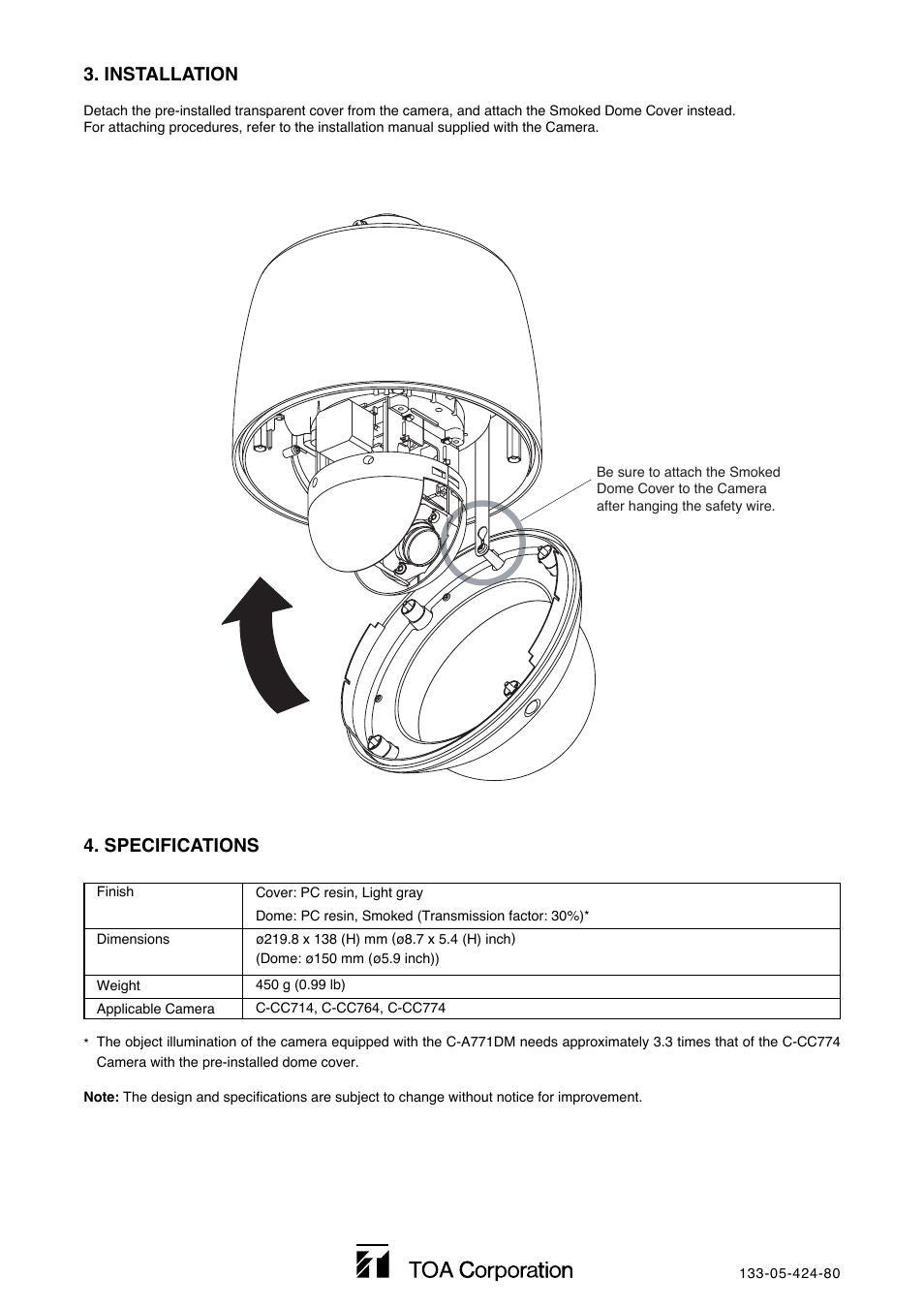 Installation, Specifications | Toa C-A771DM User Manual | Page 2 / 2