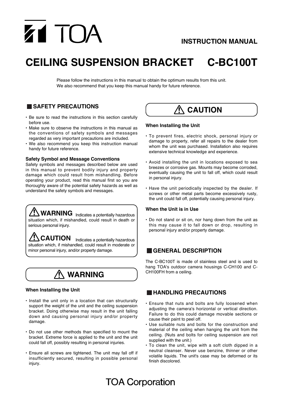 Toa C-BC100T User Manual | 2 pages