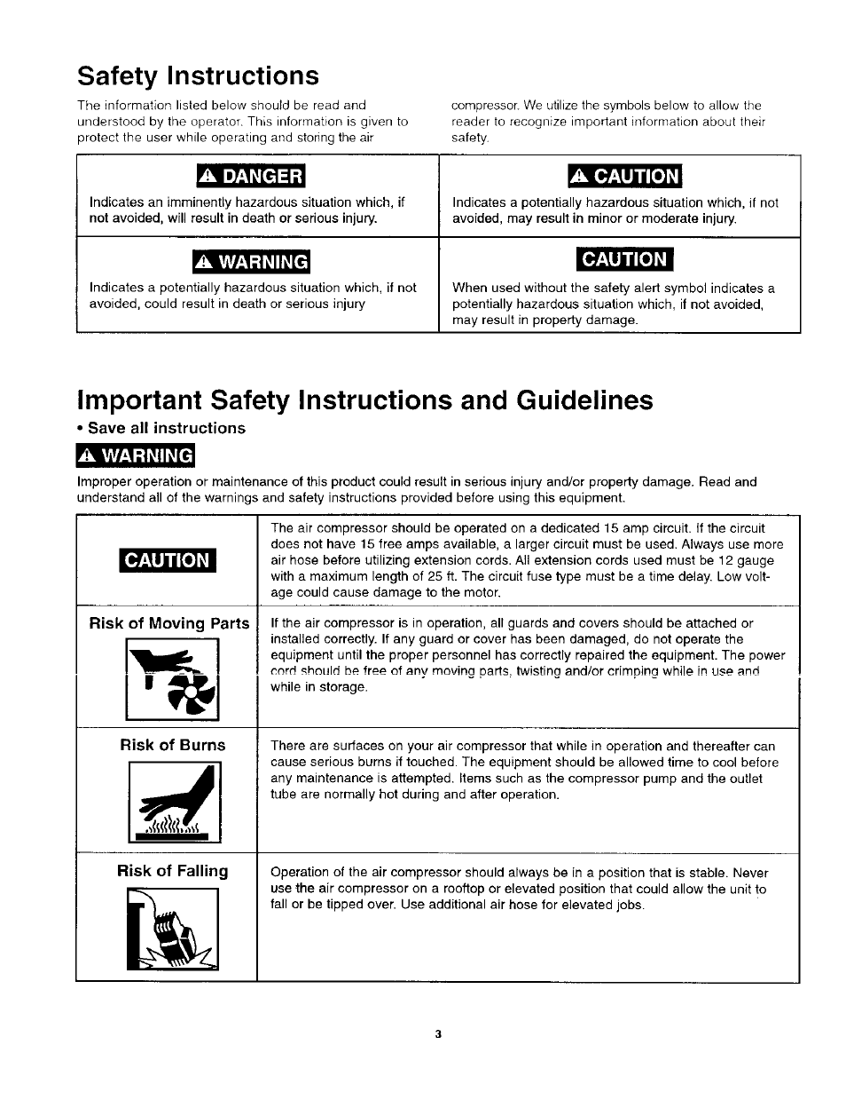 Safety instructions, A danger, A caution | A warning, Caution, Important safety instructions and guidelines, Important safety instructions & guidelines | Craftsman 921.152100 User Manual | Page 3 / 11