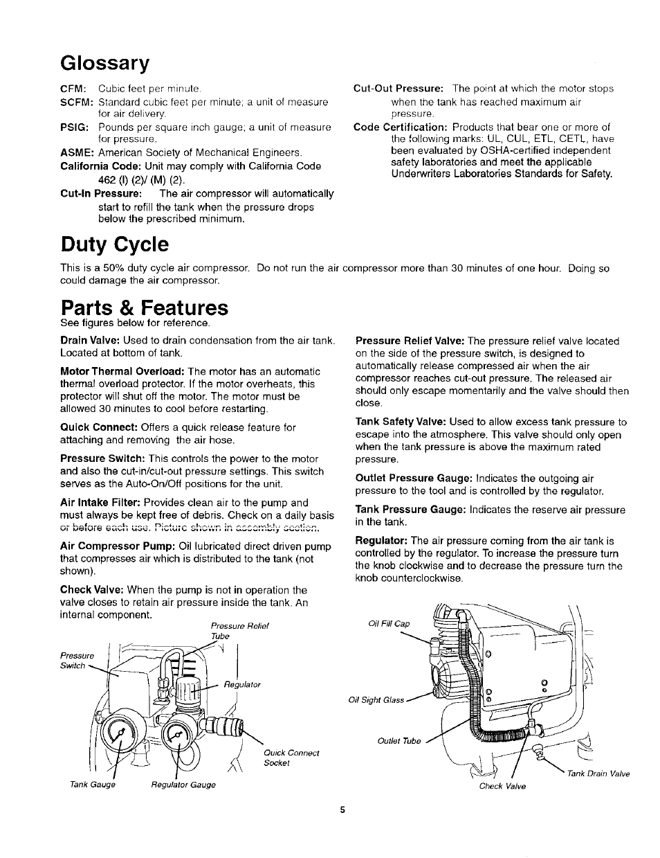 Glossary, Duty cycle, Parts & features | Craftsman 921.152100 User Manual | Page 5 / 11