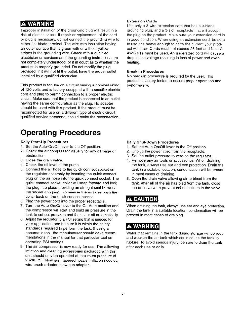 Operating procedures, A caution, A warning | Craftsman 921.152100 User Manual | Page 7 / 11