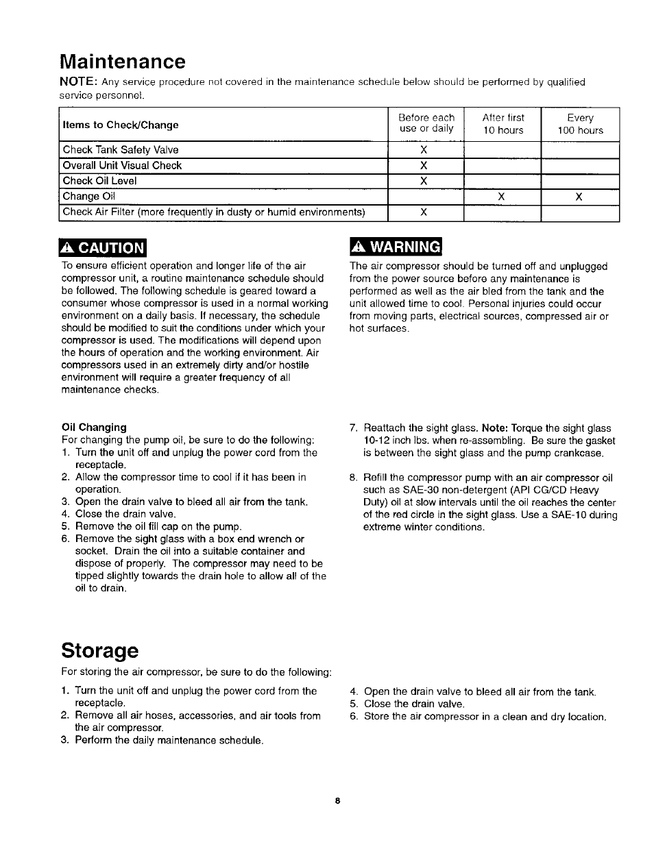 Maintenance, A warning, Storage | A caution | Craftsman 921.152100 User Manual | Page 8 / 11