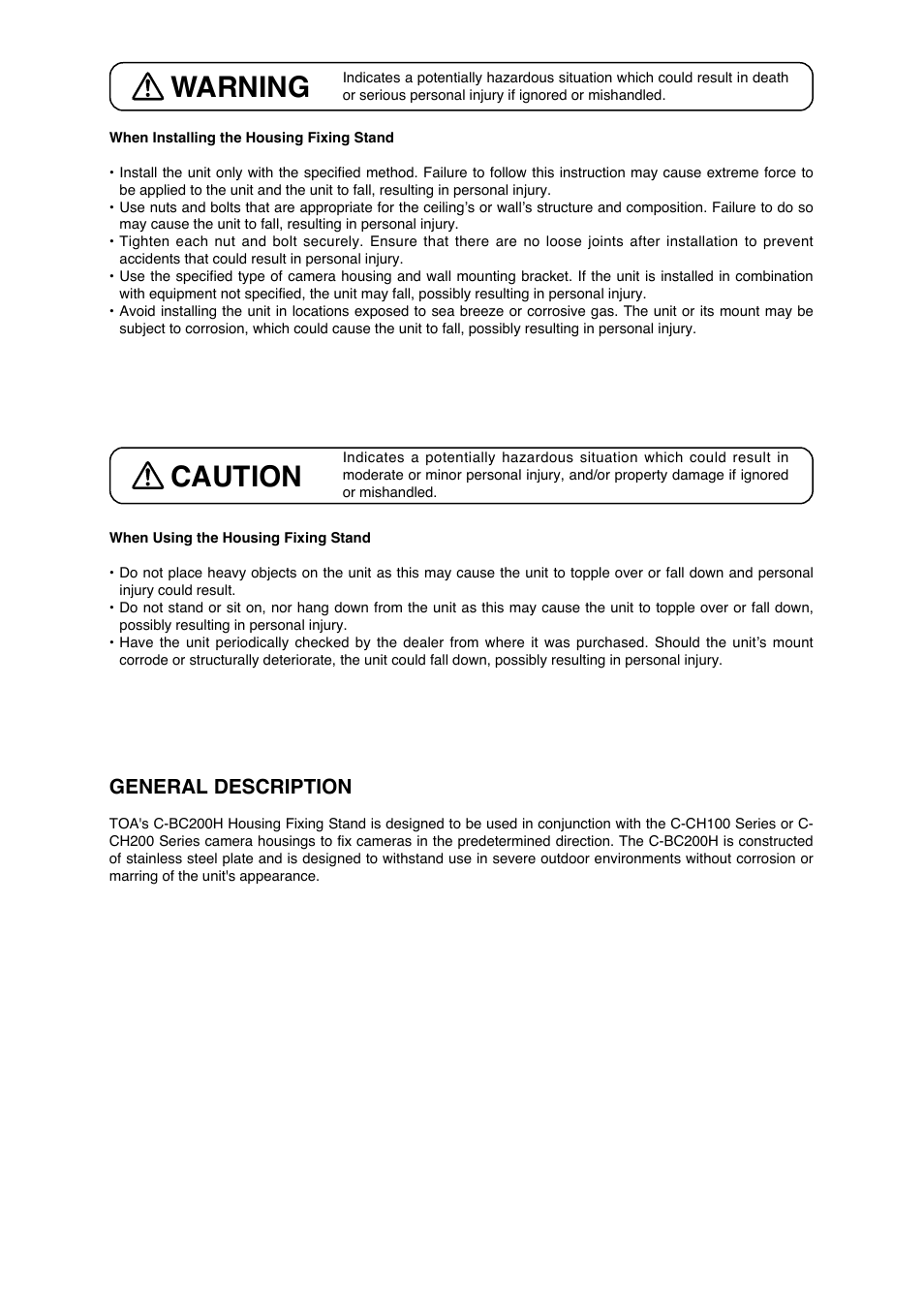 Warning, Caution, General description | Toa C-BC200H User Manual | Page 2 / 4