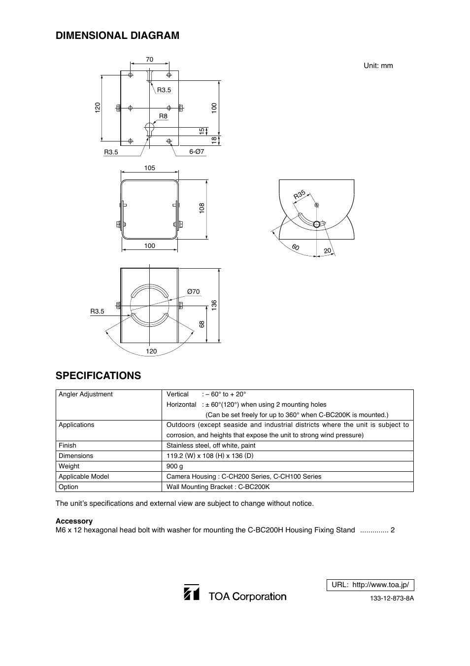 Dimensional diagram specifications | Toa C-BC200H User Manual | Page 4 / 4