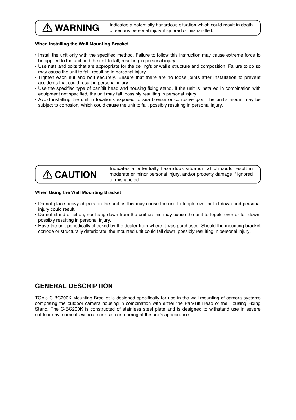 Warning, Caution, General description | Toa C-BC200K User Manual | Page 2 / 4