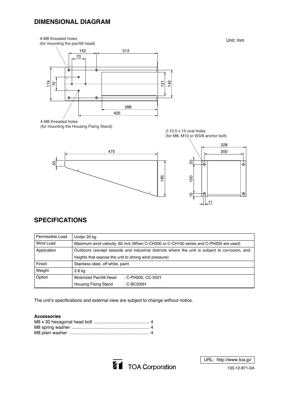 Dimensional diagram specifications | Toa C-BC200K User Manual | Page 4 / 4