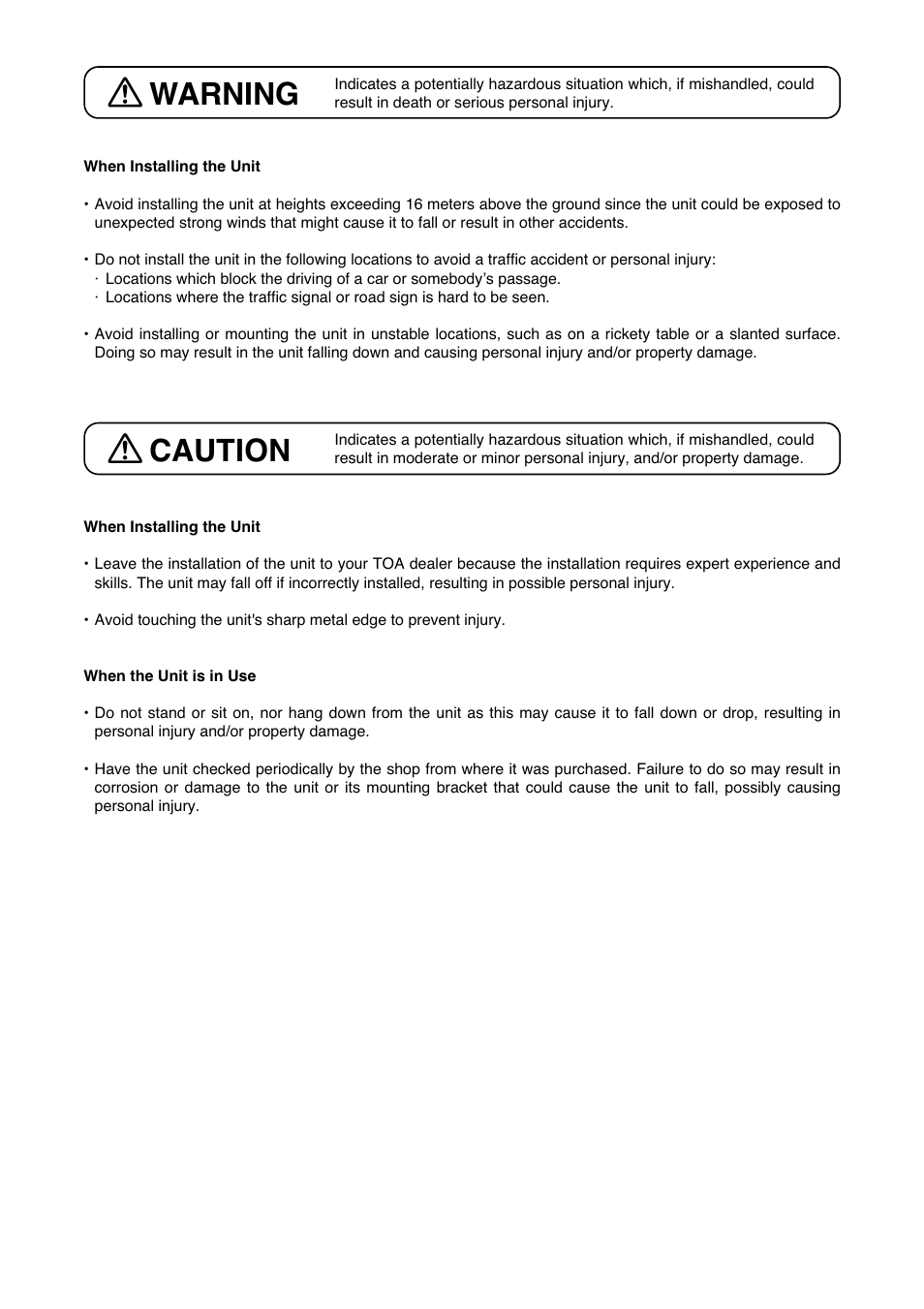 Caution, Warning | Toa C-BC450PM User Manual | Page 2 / 4