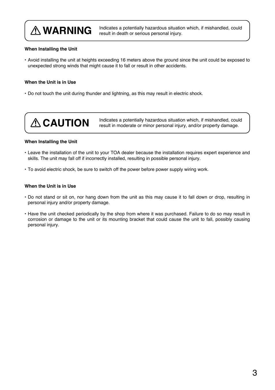 Warning, Caution | Toa C-BC704PB User Manual | Page 3 / 8