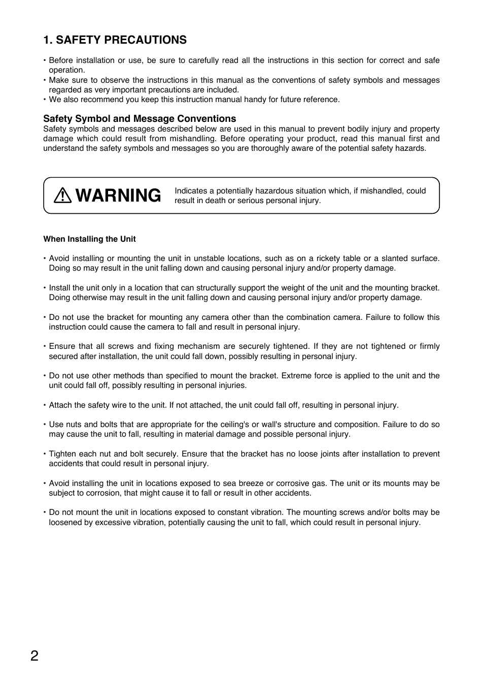 Warning, Safety precautions | Toa C-BC704U User Manual | Page 2 / 8