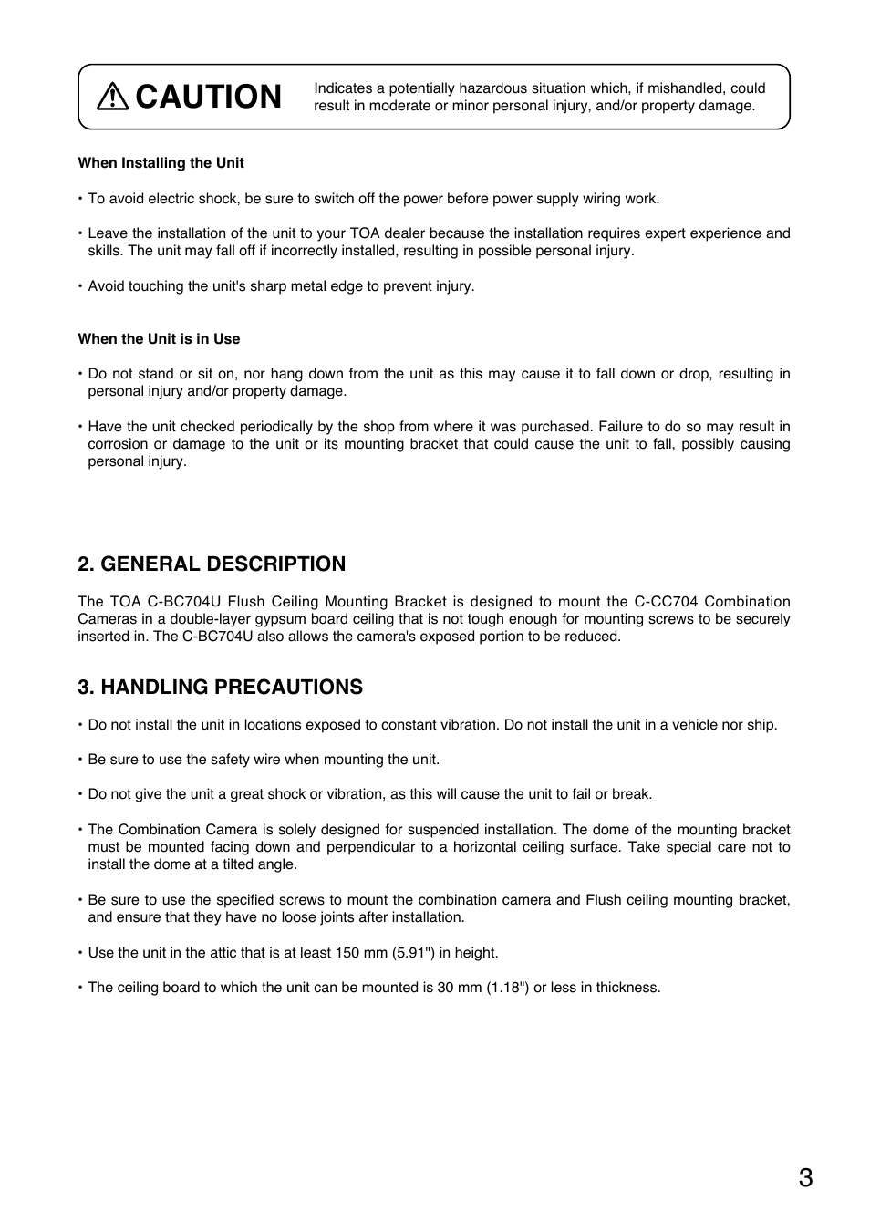 Caution, General description, Handling precautions | Toa C-BC704U User Manual | Page 3 / 8