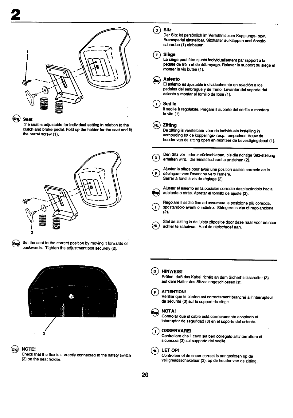 Siège, Asiento, Sedile | Zitting, Note, Hinweis, Nota, Osservare, Let op | Craftsman 25949 User Manual | Page 20 / 68