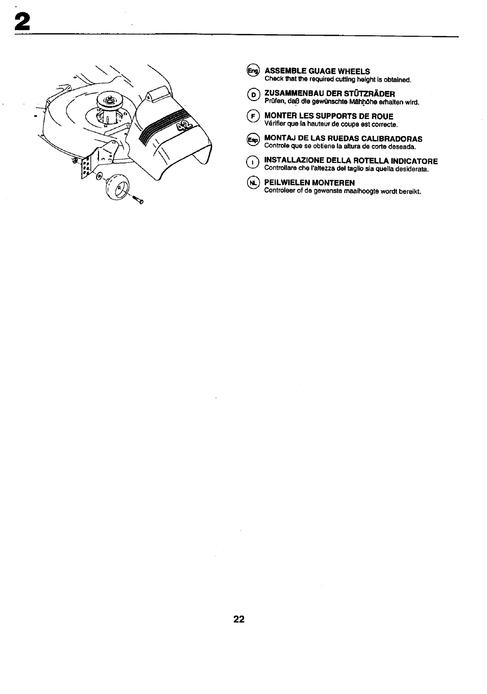 Assemble guage wheels, V) zusammenbau der stützräder, Montaj de las ruedas calibradoras | 7) installazione della rotella indicatore, Peilwielen monteren | Craftsman 25949 User Manual | Page 22 / 68