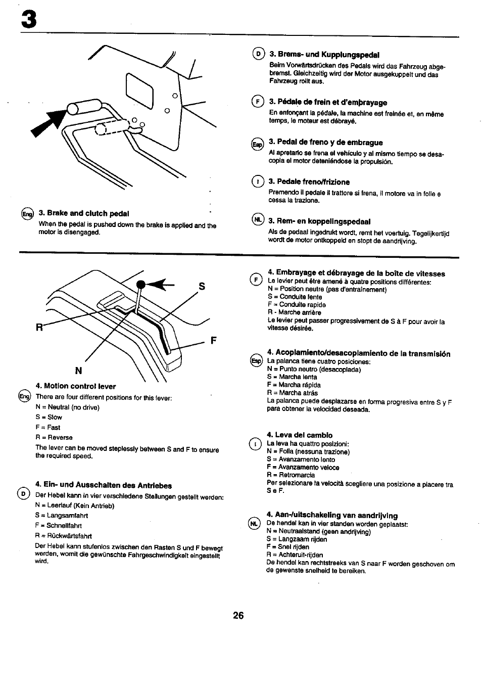 Brake and clutch pedal, Brems- und kupplungspedal, Pédale de frein et d’emjbrayage | Pedal de freno y de embrague, Pedale freno/frlzione, Rem- en koppelingspedaal, Motion control lever, Ein- und ausschalten des antriebes, Embrayage et débrayage de la boîte de vitesses, Leva del cambio | Craftsman 25949 User Manual | Page 26 / 68