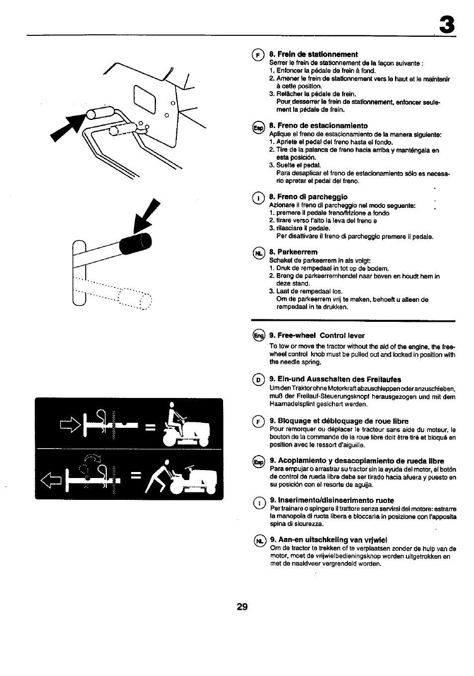 Frein de stationnement, Freno de estacionamiento, Freno di parcheggio | Parkeerrem, Free-wheel control lever, Ein-und ausschalten des freilaufes, Bloquage et debloquage de roue libre, Acoplamiento y desacoplamiento de rueda libre, Inserimento/disinserimento ruote, Aan-en uitschkeling van vrjwiel | Craftsman 25949 User Manual | Page 29 / 68