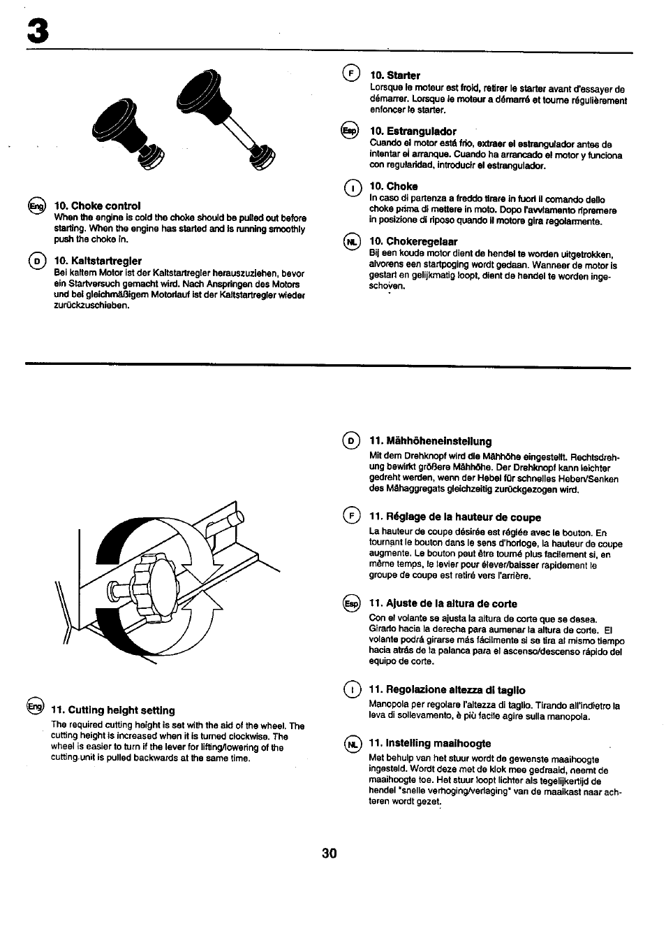 Choke control, Kattstartregler, Starter | Estrangulador, Choke, Chokeregetaar, Cutting height setting, Mähhöheneinstellung, Réglage de la hauteur de coupe, Ajuste de la altura de corte | Craftsman 25949 User Manual | Page 30 / 68