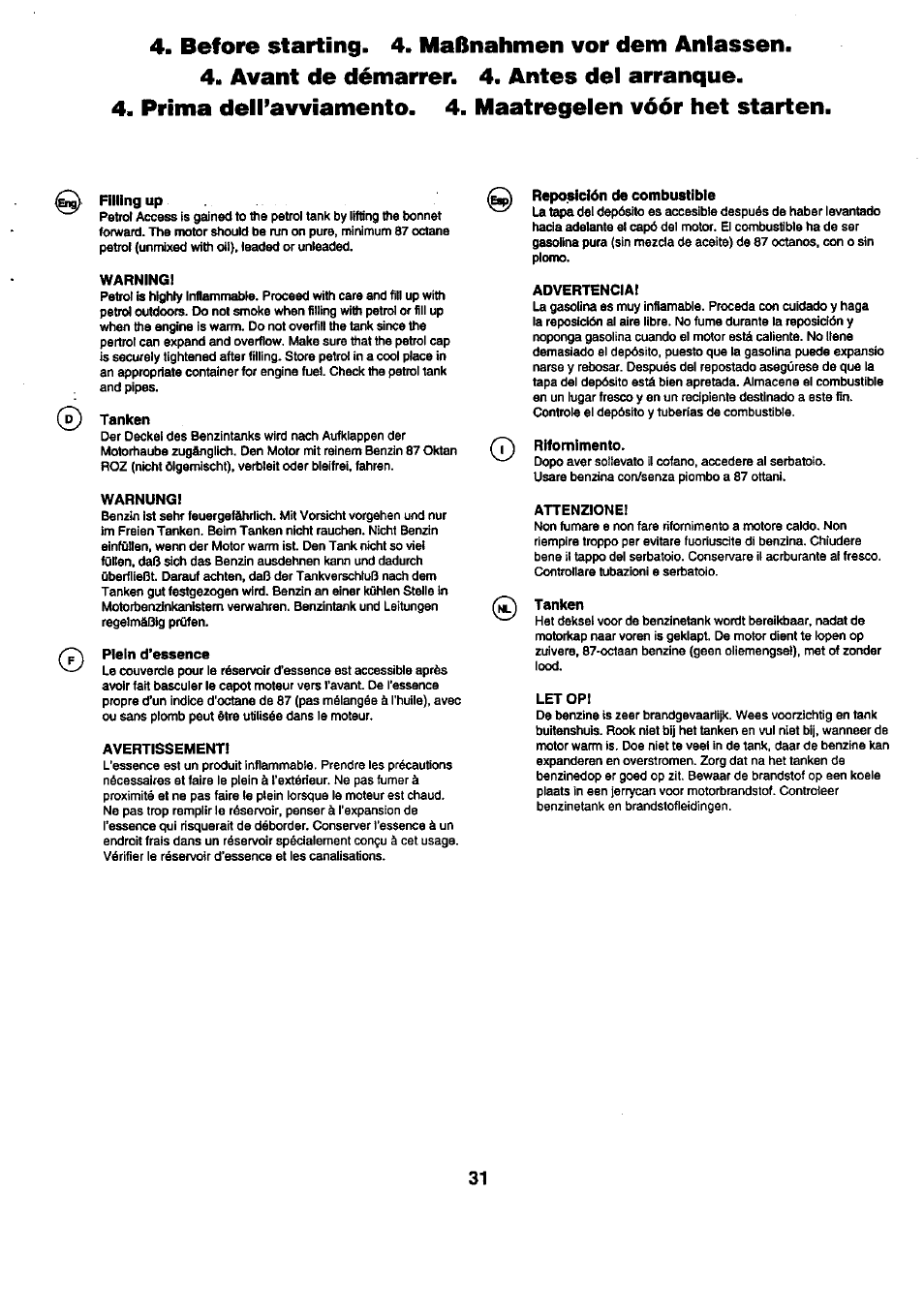 Warning, Tanken, Warnungi | Plein d’essence, Avertissement, Reposición de combustible, Advertenciai, Rifornimento, Attenzione, Let opl | Craftsman 25949 User Manual | Page 31 / 68