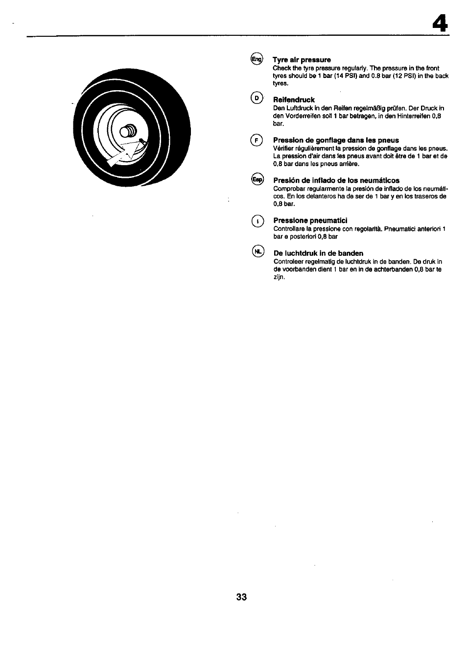 Tyre a)r pressure, Reifendruck, Pression de gonflage dans les pneus | Presión de inflado de los neumáticos, Pressione pneumatici, De luchtdruk in de banden | Craftsman 25949 User Manual | Page 33 / 68