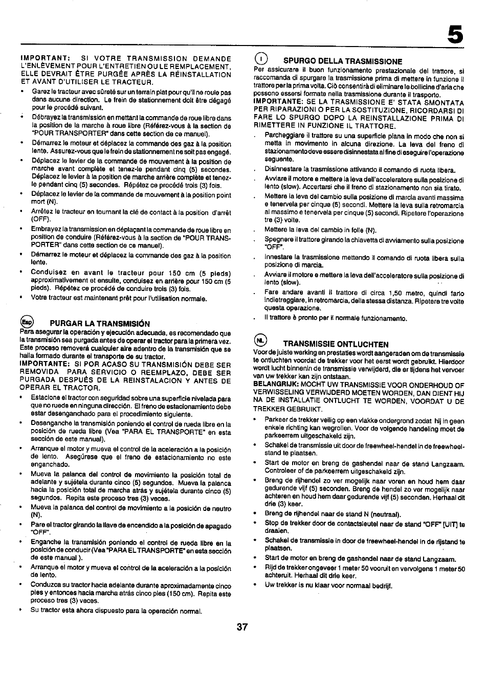 Purgar la transmisión, Spurgo della trasmissione, W transmissie ontluchten | Craftsman 25949 User Manual | Page 37 / 68