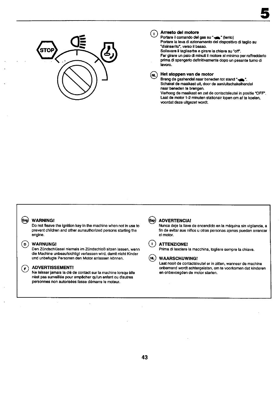 Arresto del motore, Het stoppen van de motor, Warningi | Warnung, Advertissementi, Advertencia, Attenzione, Waarschuwing | Craftsman 25949 User Manual | Page 43 / 68