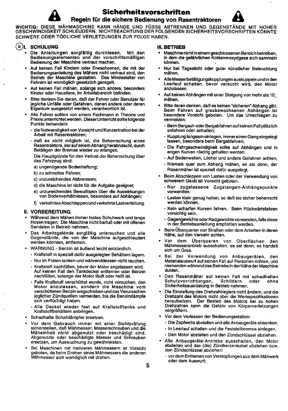 L. schulung, Ii. vorbereitung, Iii. betrieb | Sicherheitsvorschriften | Craftsman 25949 User Manual | Page 5 / 68