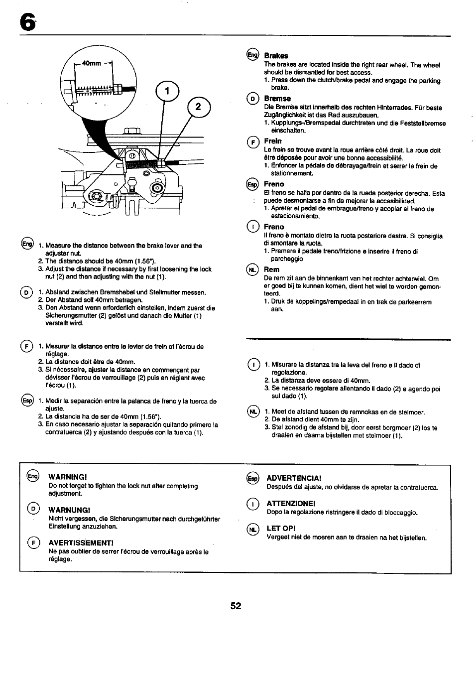 Brakes, Freno, Warningt | Warnungi, Avertissement, Advertenciai, 7) attenzione, W.') letop | Craftsman 25949 User Manual | Page 52 / 68