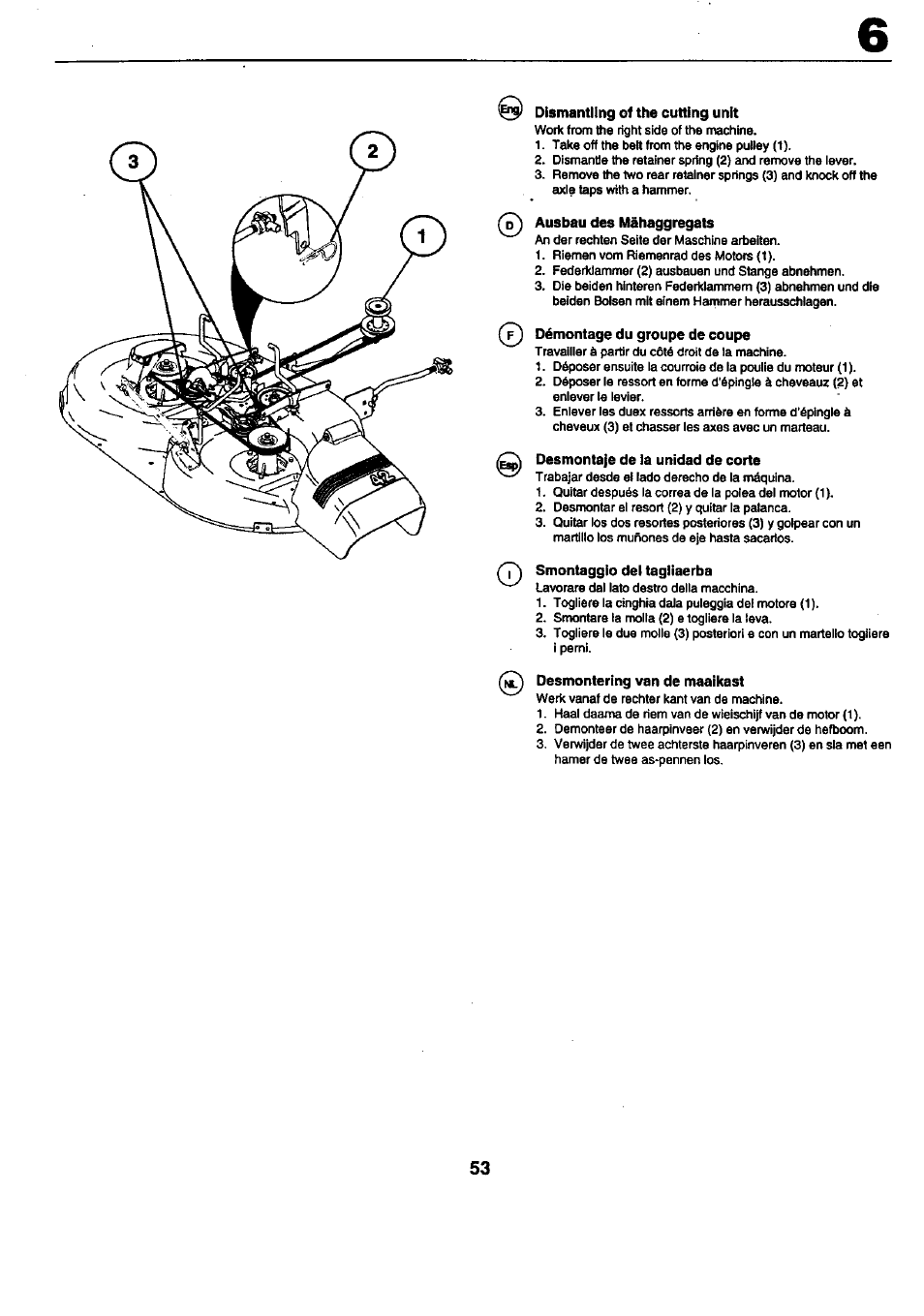 Dismantling of the cutting unit, Ausbau des mâhaggregats, Démontage du groupe de coupe | Desmontaje de la unidad de corte, Smontaggio del tagliaerba, Desmontering van de maaikast | Craftsman 25949 User Manual | Page 53 / 68
