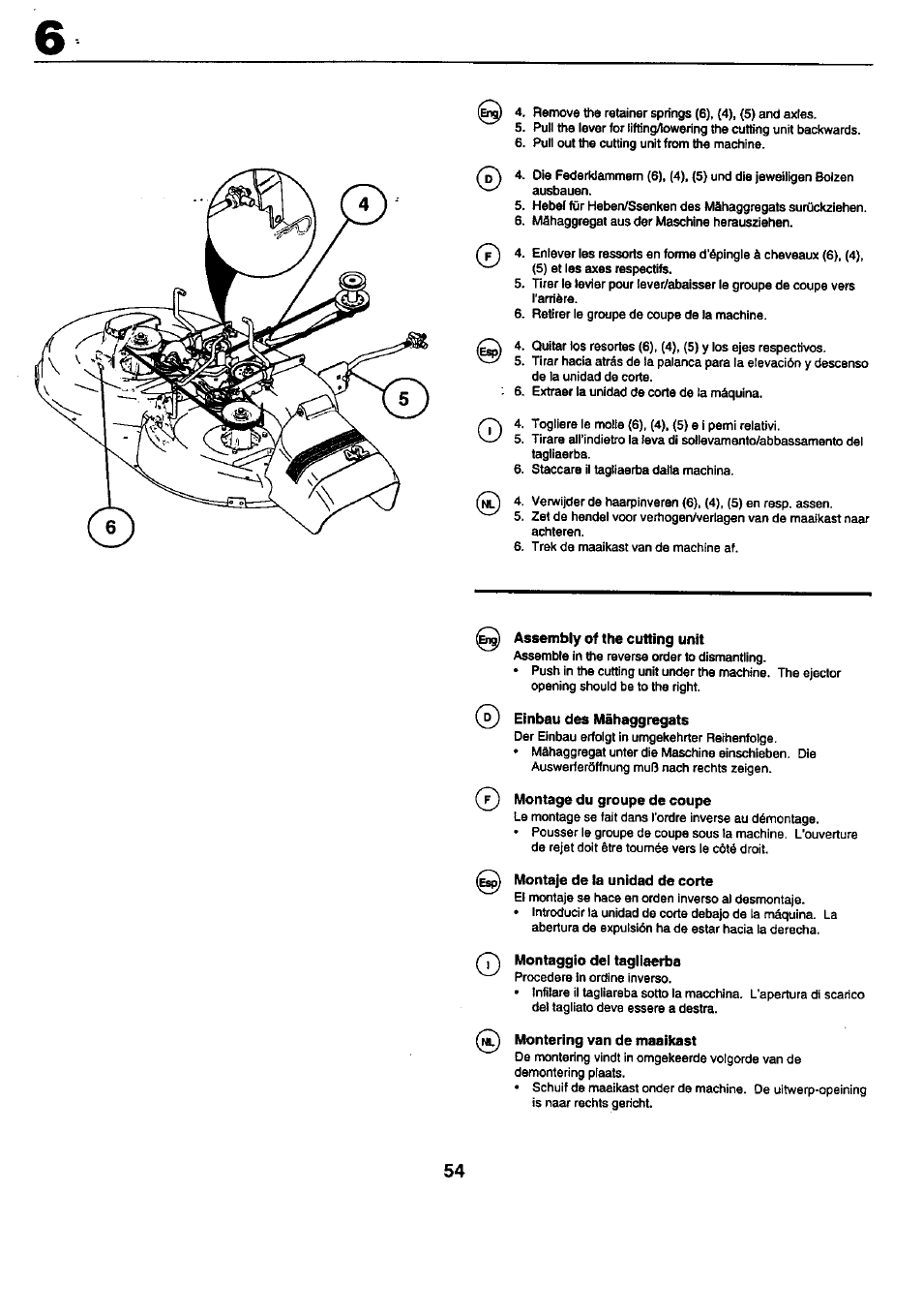 Assembly of the cutting unit, Einbau des mähaggregats, Montage du groupe de coupe | Montaje de la unidad de corte, Montaggio dei tagiiaerba, Montering van de maaikast | Craftsman 25949 User Manual | Page 54 / 68