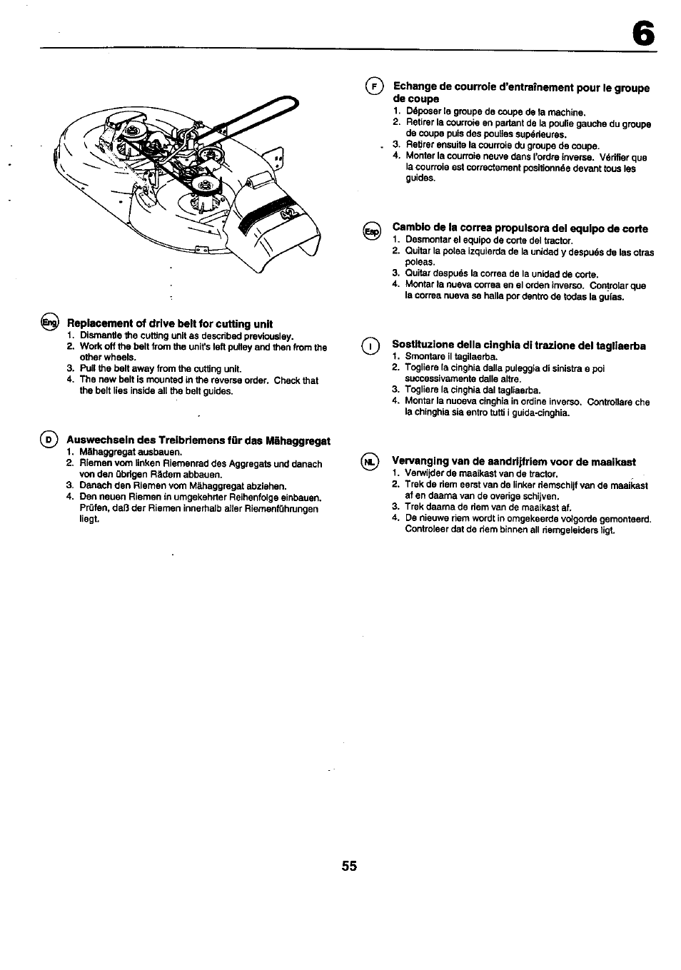 Replacement of drive belt for cutting unit, Auswechsein des treibriemens für das mähaggregat, Cambio de la correa propulsora del equipo de corte | Vervanging van de aandrijfriem voor de maaikast | Craftsman 25949 User Manual | Page 55 / 68